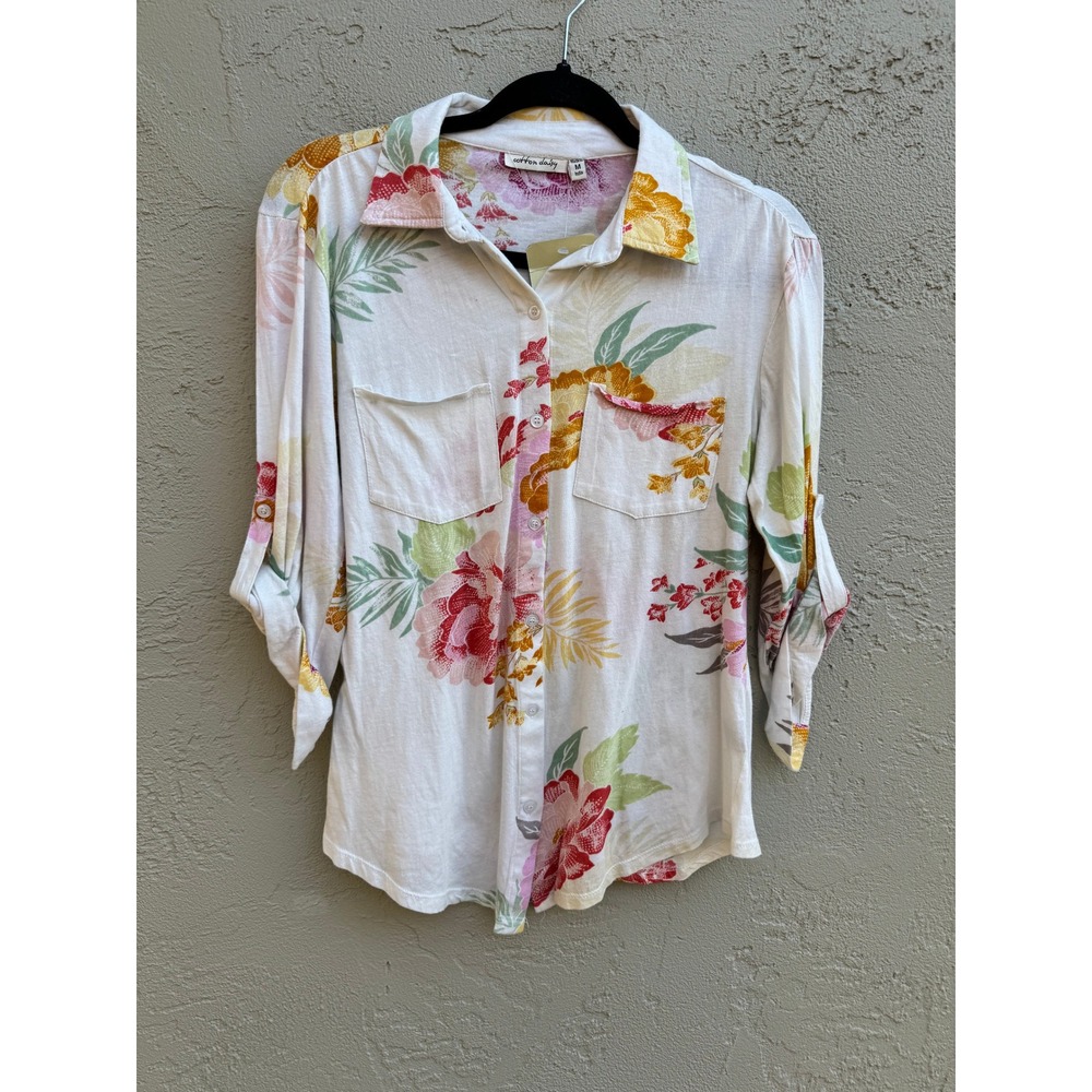 Soft White Floral Button-Down Shirt with Pink & Yellow Blooms